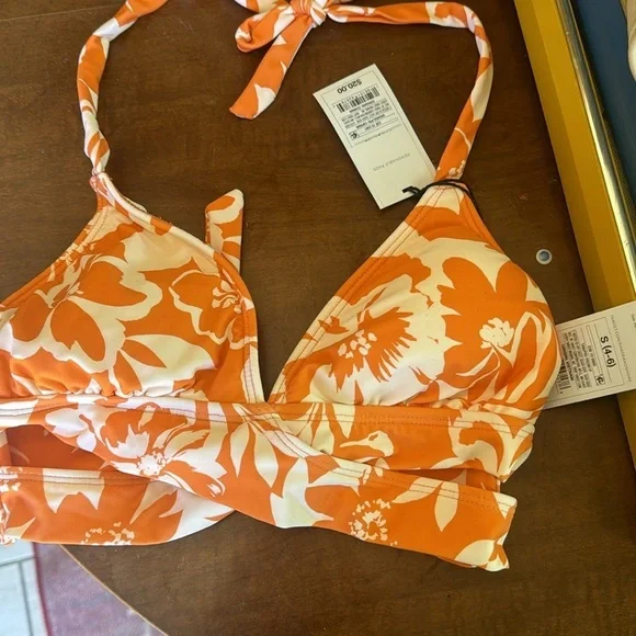 Shade & Shore Orange Triangle Faux Wrap Bikini Top Floral Print XS - Picture 2 of 3